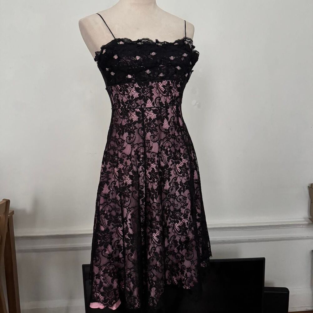 Betsey Johnson Vintage Purple & Black Lace Midi Dress with Floral Appliques 90s